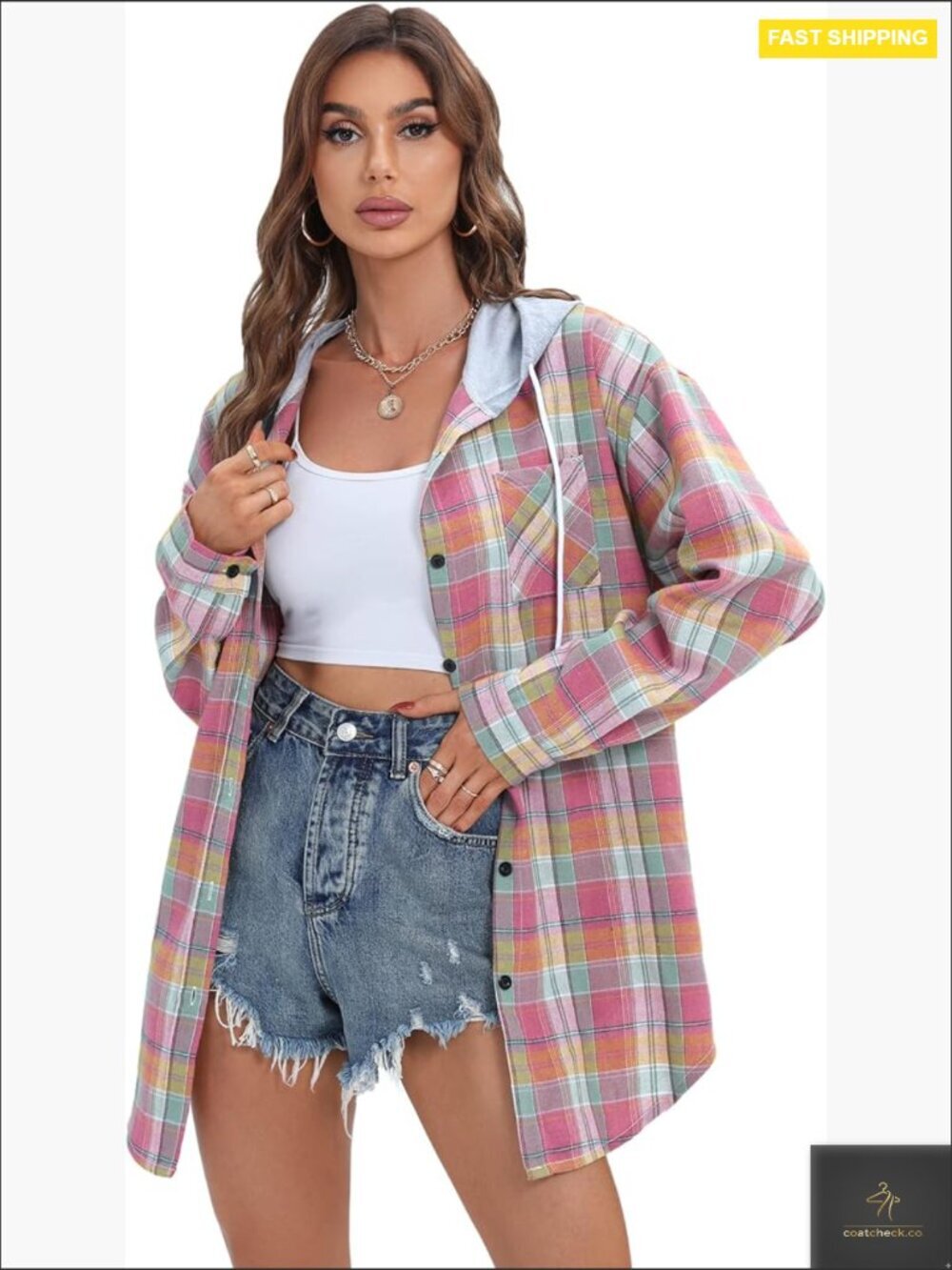Oversized Plaid Flannel Shirt Jacket Hoodie Long Sleeve Button Down Blouse Tops